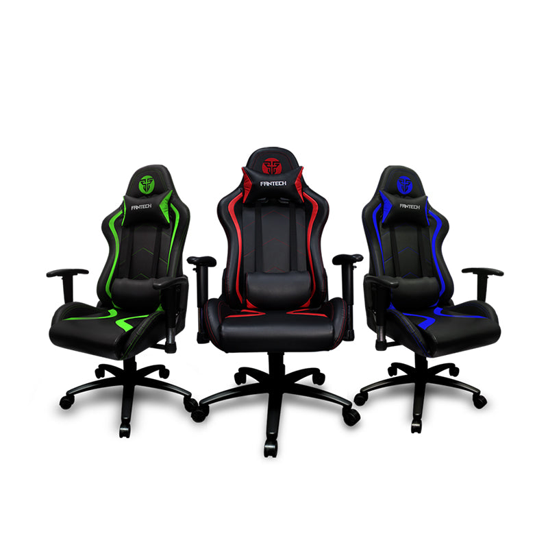 Three Fantech Alpha GC-181 gaming chairs: one green and black, one red and black, and one blue and black. Three Fantech Alpha GC-181 gaming chairs: one green and black, one red and black, and one blue and black.